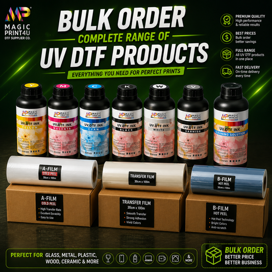 dtf printing machine with supplies on a clean surface in a bright studio