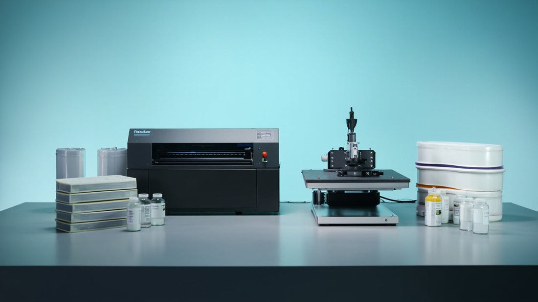 dtf printer and heat press with supplies on clean studio workbench