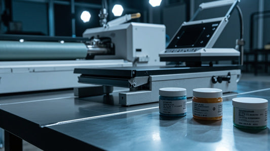 dtf printer and heat press with supplies in clean industrial studio