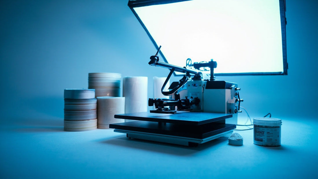 dtf printer and heat press with supplies on clean studio workbench