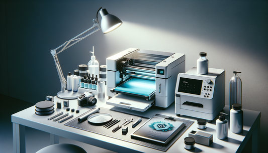 dtf printing equipment and supplies arranged neatly on a clean workbench