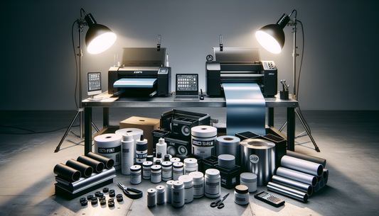 dtf printer and heat press with supplies on clean industrial workbench