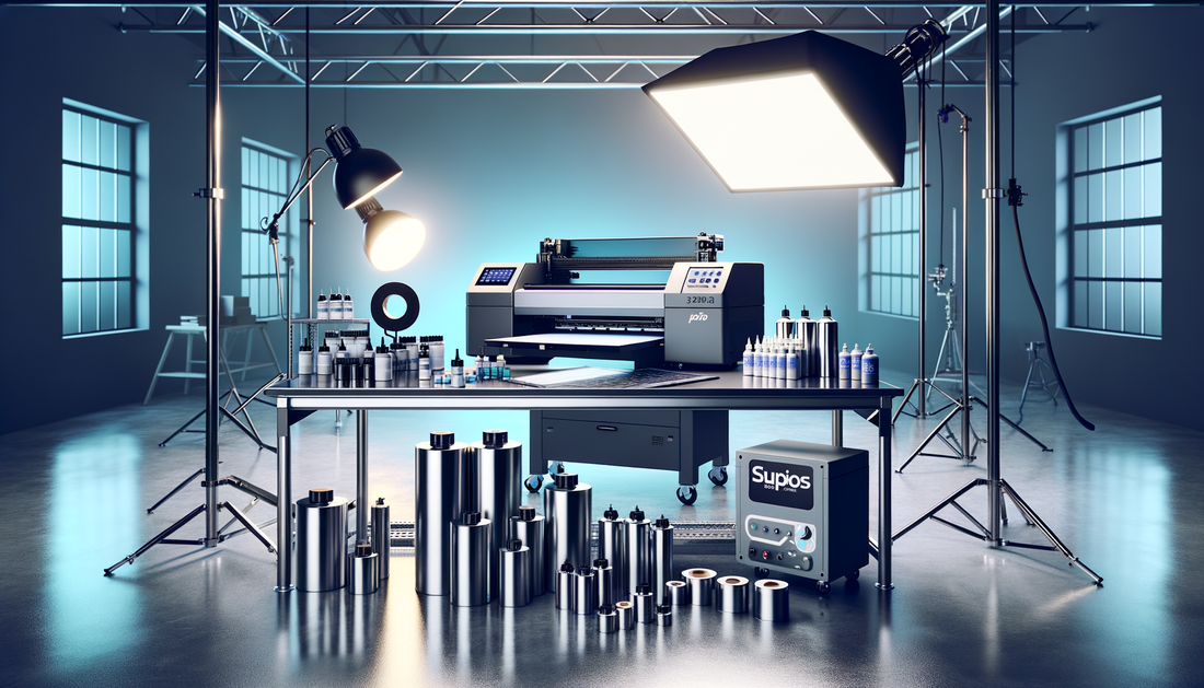 dtf printing equipment and supplies arranged on a clean industrial workbench