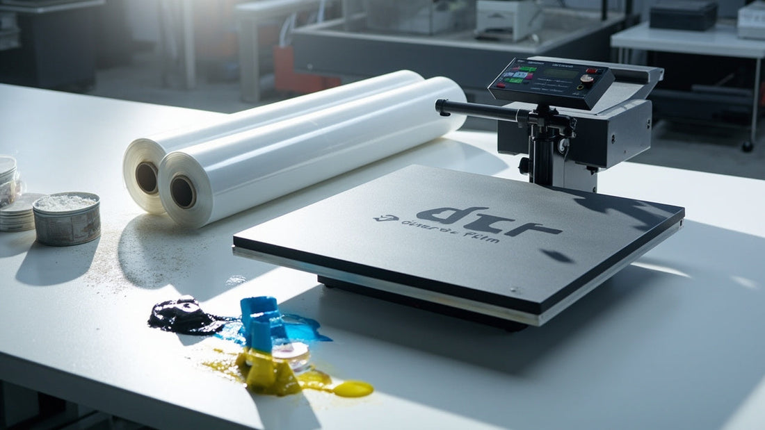 dtf printing equipment and supplies arranged on clean bench under crisp light