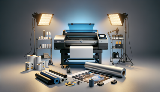 dtf printer and heat press with transfer film and powder on table