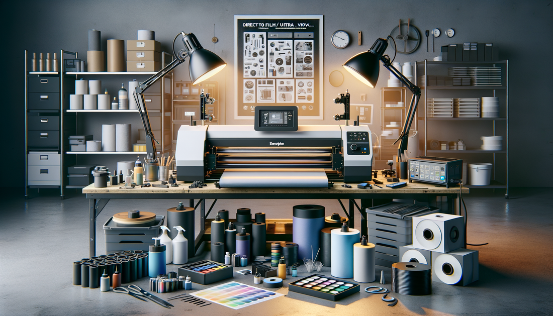 dtf printer and heat press with supplies arranged in clean workspace