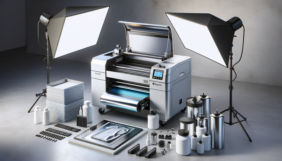 dtf printer and heat press with supplies in clean professional studio lighting