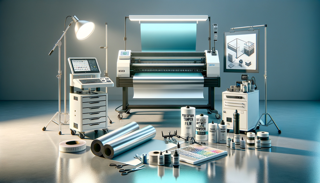 dtf printer, heat press, and supplies arranged in clean professional studio lighting