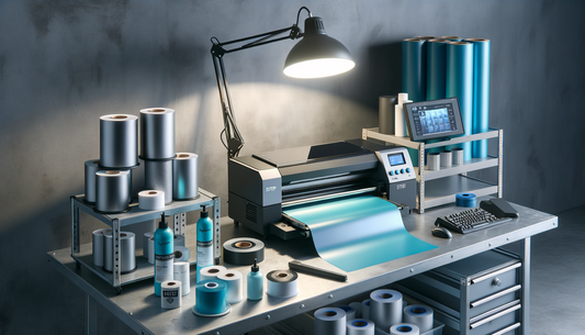 dtf printer and heat press with supplies on clean metal workbench