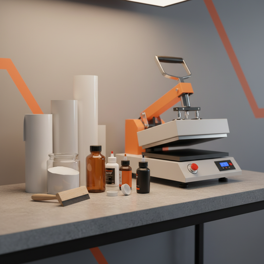 print shop workbench with heat press, film rolls, inks, and dtf powder