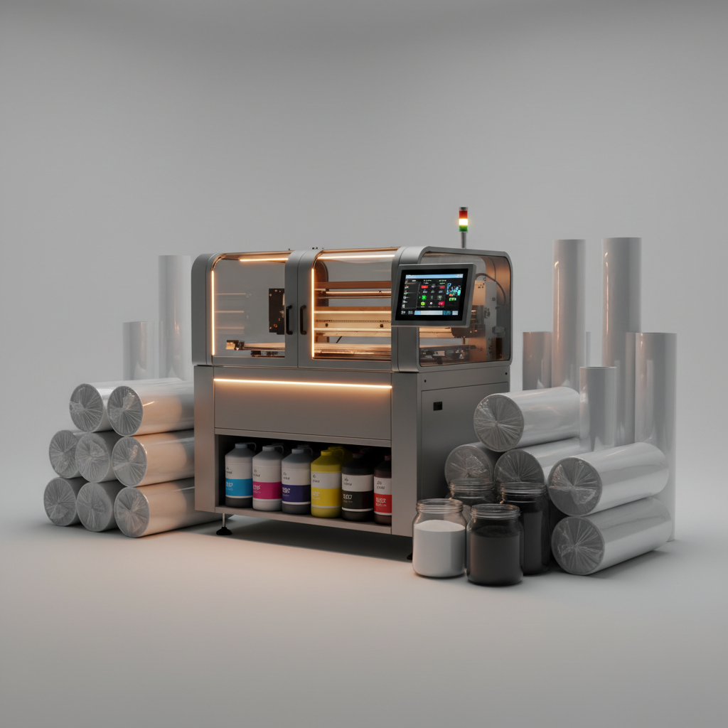 a dtf printing machine with bulk supplies of film and powder in a studio.