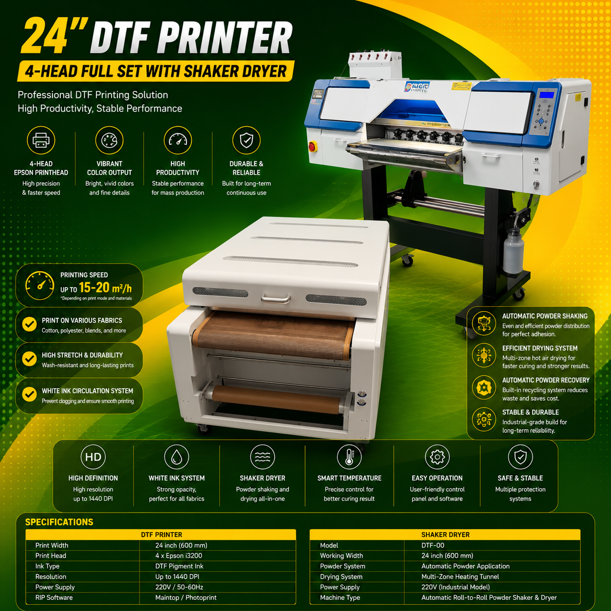 24"  DTF Printer 4-Head Full Set with Shaker Dryer