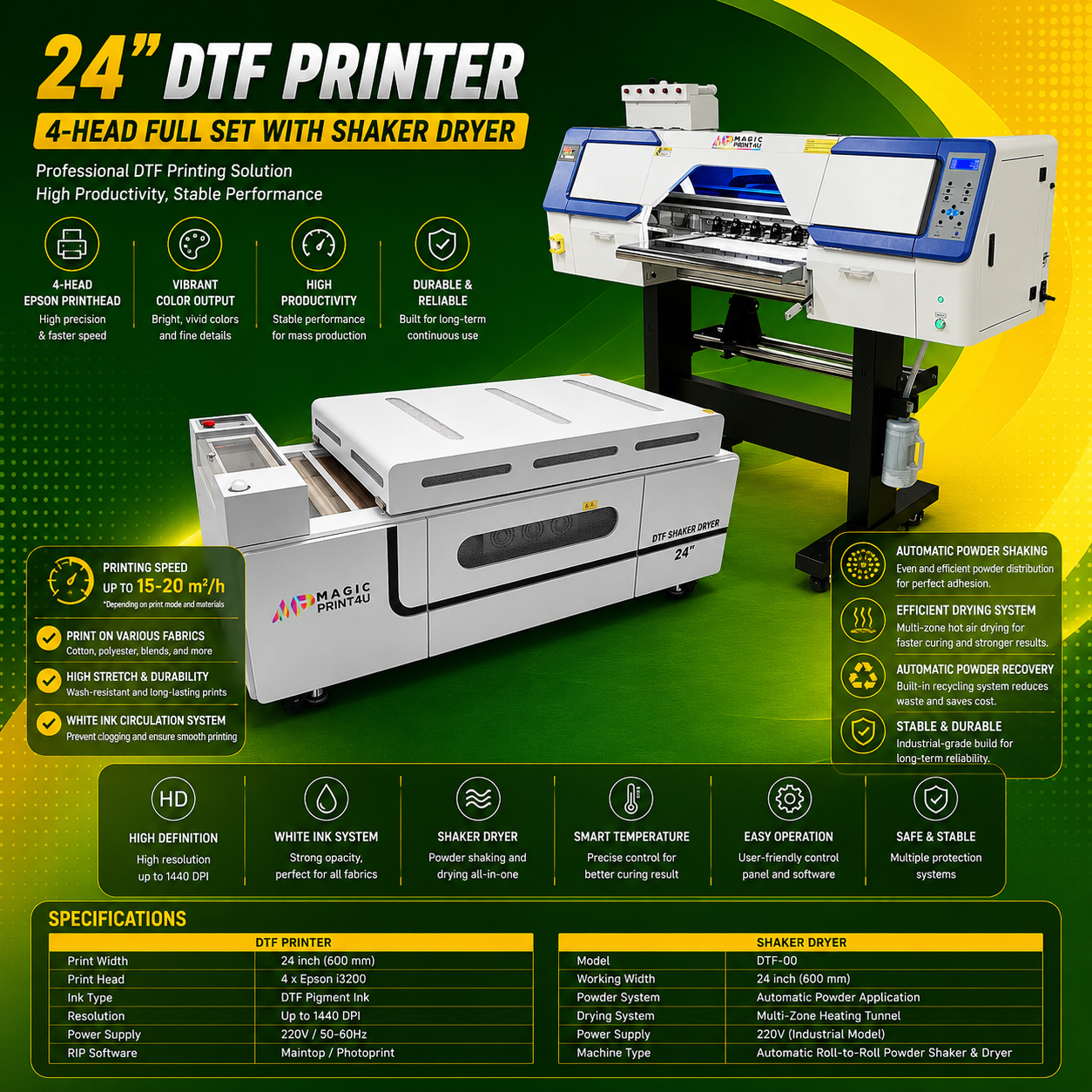 24"  DTF Printer 4-Head Full Set with Shaker Dryer