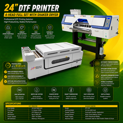 24"  DTF Printer 4-Head Full Set with Shaker Dryer