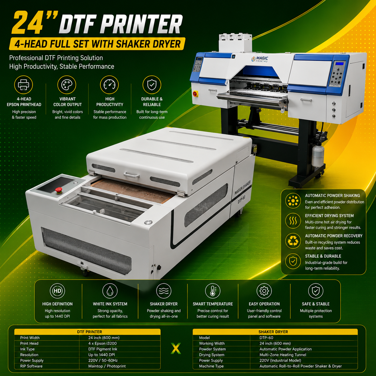24"  DTF Printer 4-Head Full Set with Shaker Dryer