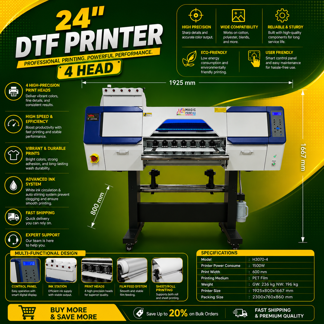 24" DTF Printer 4 Head – High Speed Direct to Film Printing Machine