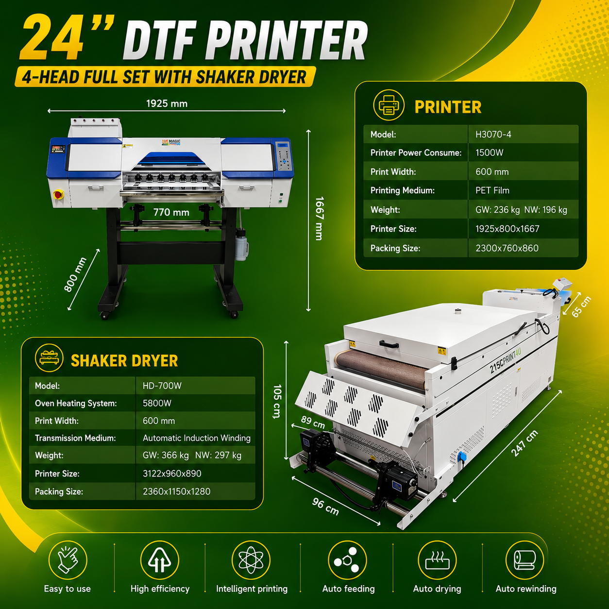 24"  DTF Printer 4-Head Full Set with Shaker Dryer