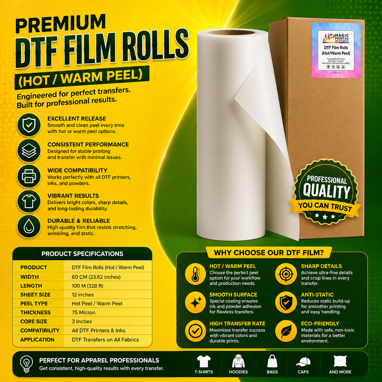 DTF Hot Peel Film Roll 24” Fast Release Transfer Film for Professional DTF Printing  Magic Print 4U