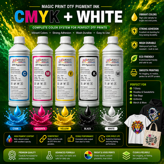 Premium DTF Pigment Ink  CMYK & White High-Opacity, Wash-Resistant Ink for DTF Printing