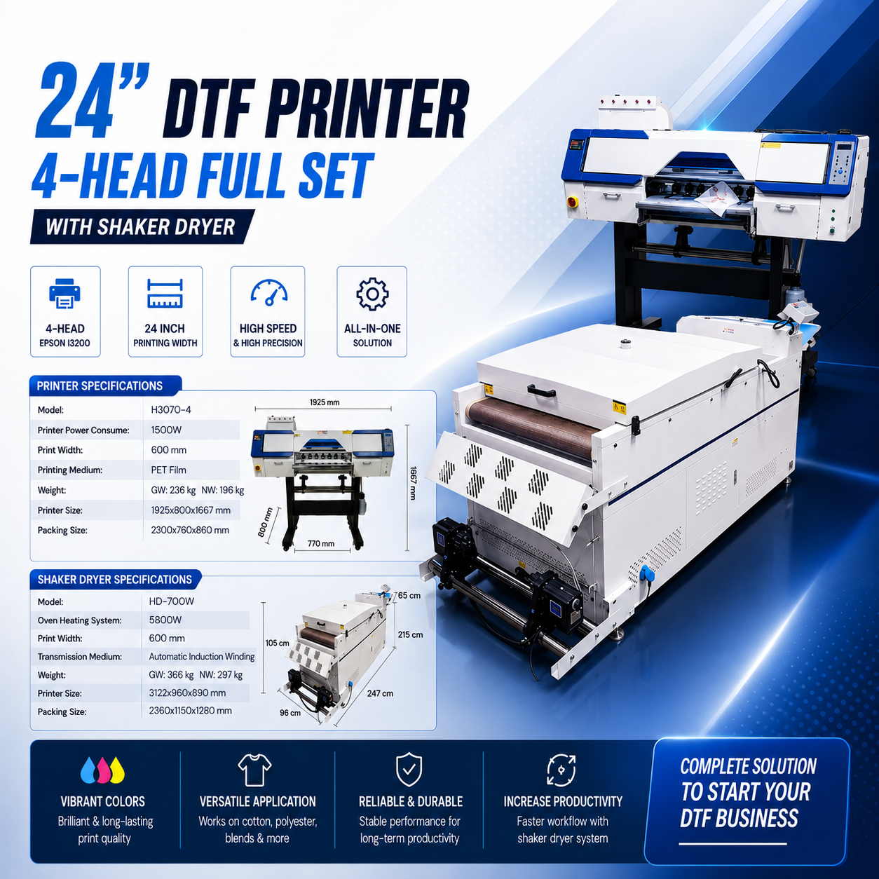24"  DTF Printer 4-Head Full Set with Shaker Dryer