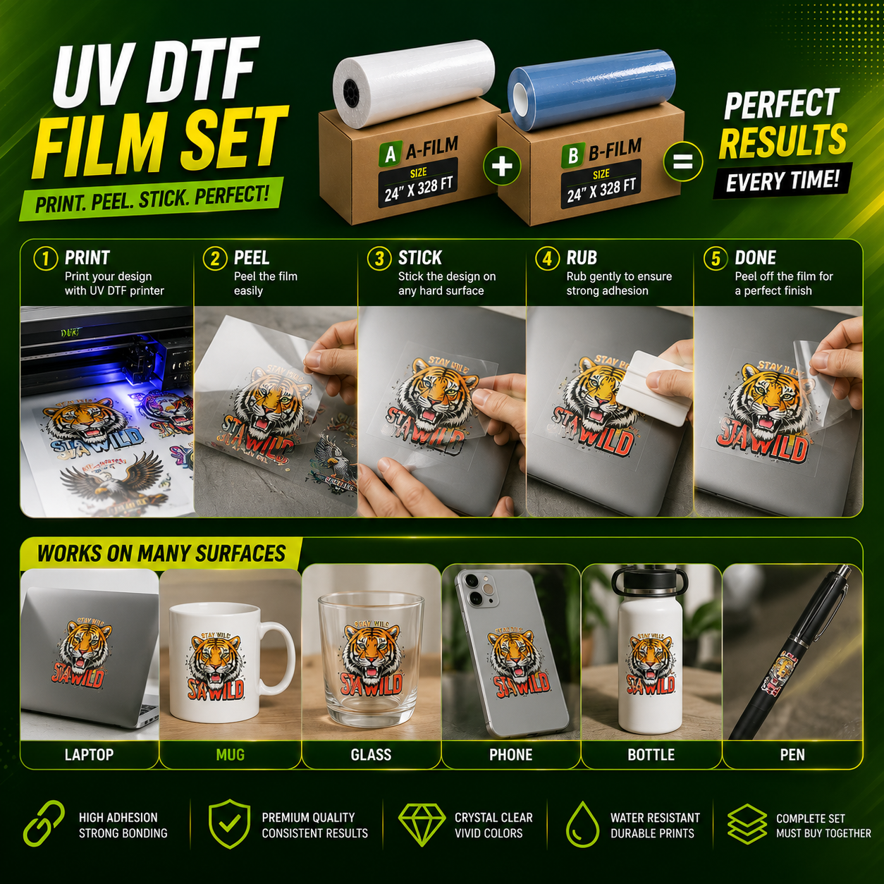 UV DTF Film Set  High Adhesion Transfer Film for Glass, Plastic & Hard Surfaces