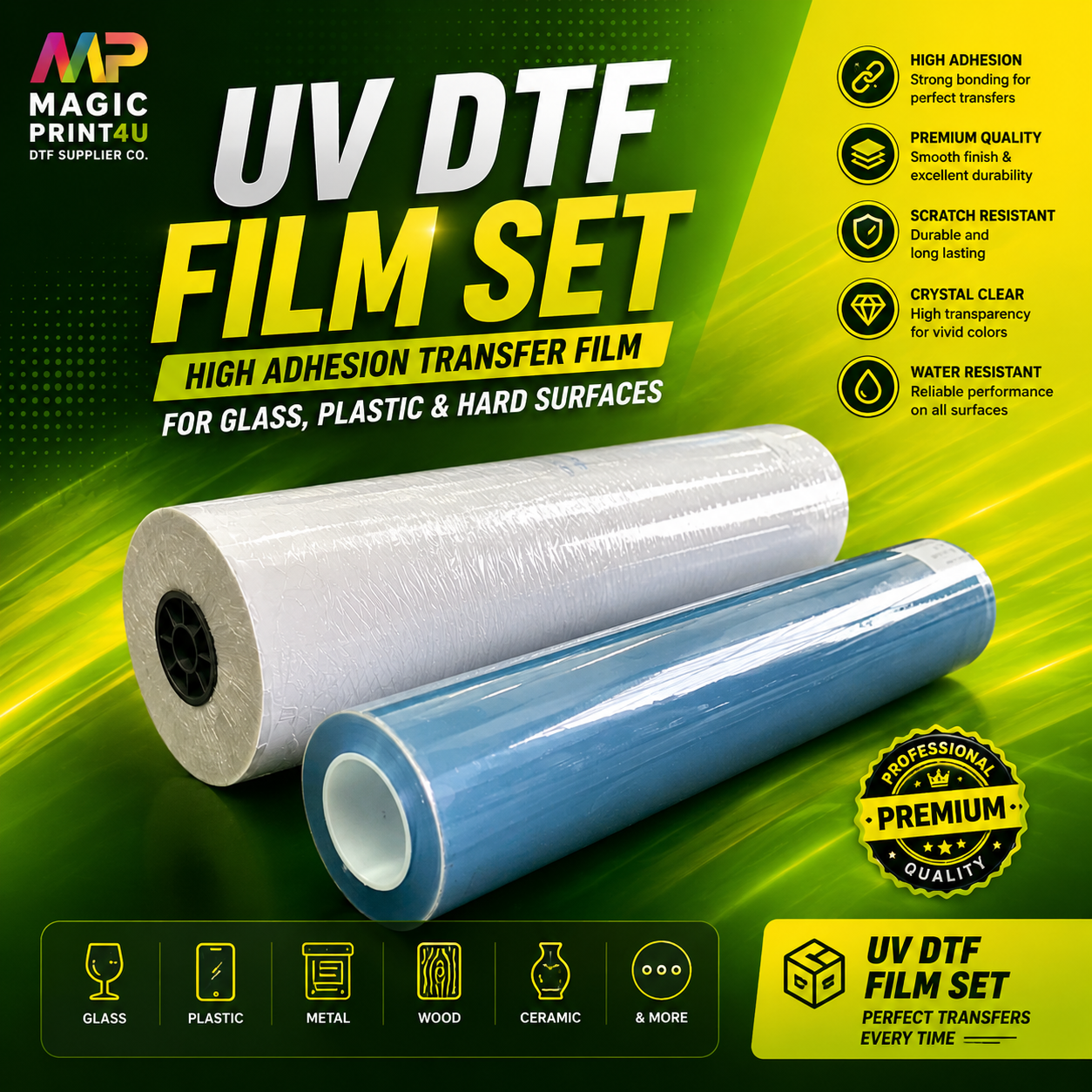 UV DTF Film Set  High Adhesion Transfer Film for Glass, Plastic & Hard Surfaces